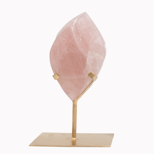 Rose Quartz Double Pointed Flame Sculpture on Brass Stand