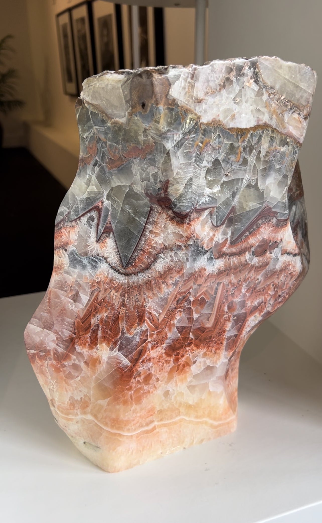 Tri-Color Banded Calcite Freeform – Raw Red, Orange & Yellow Crystal Sculpture