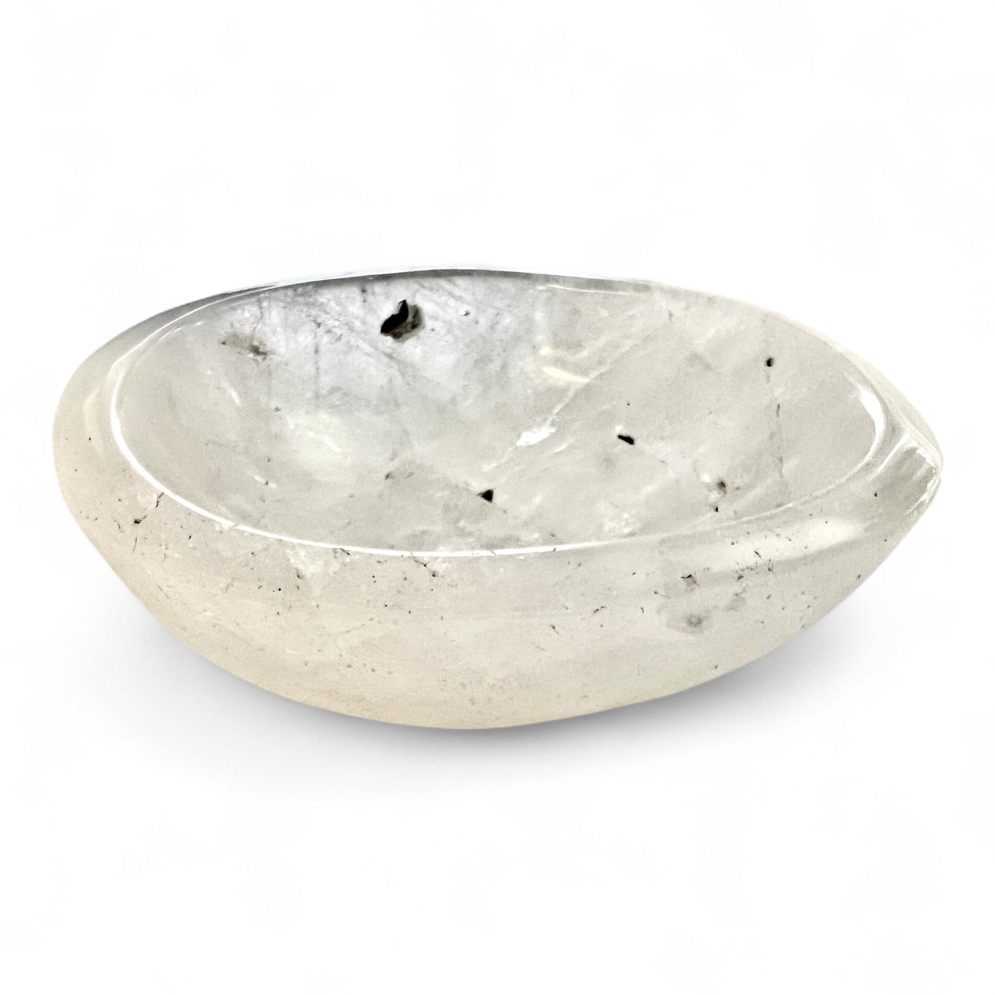 Hand-carved Clear Quartz bowl, with natural inclusion flecks on white background - Gem & I crystals