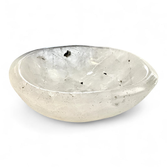 Hand-carved Clear Quartz bowl, with natural inclusion flecks on white background - Gem & I crystals