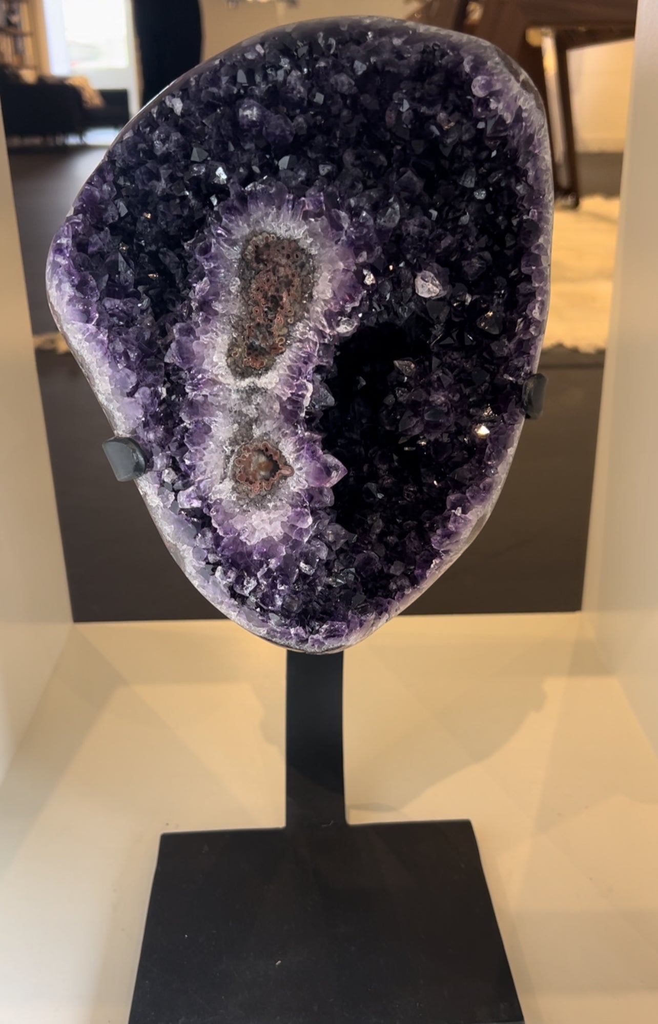 Uruguayan Amethyst with Stalactite Eyes – Sculptural Crystal for Elegant Interiors