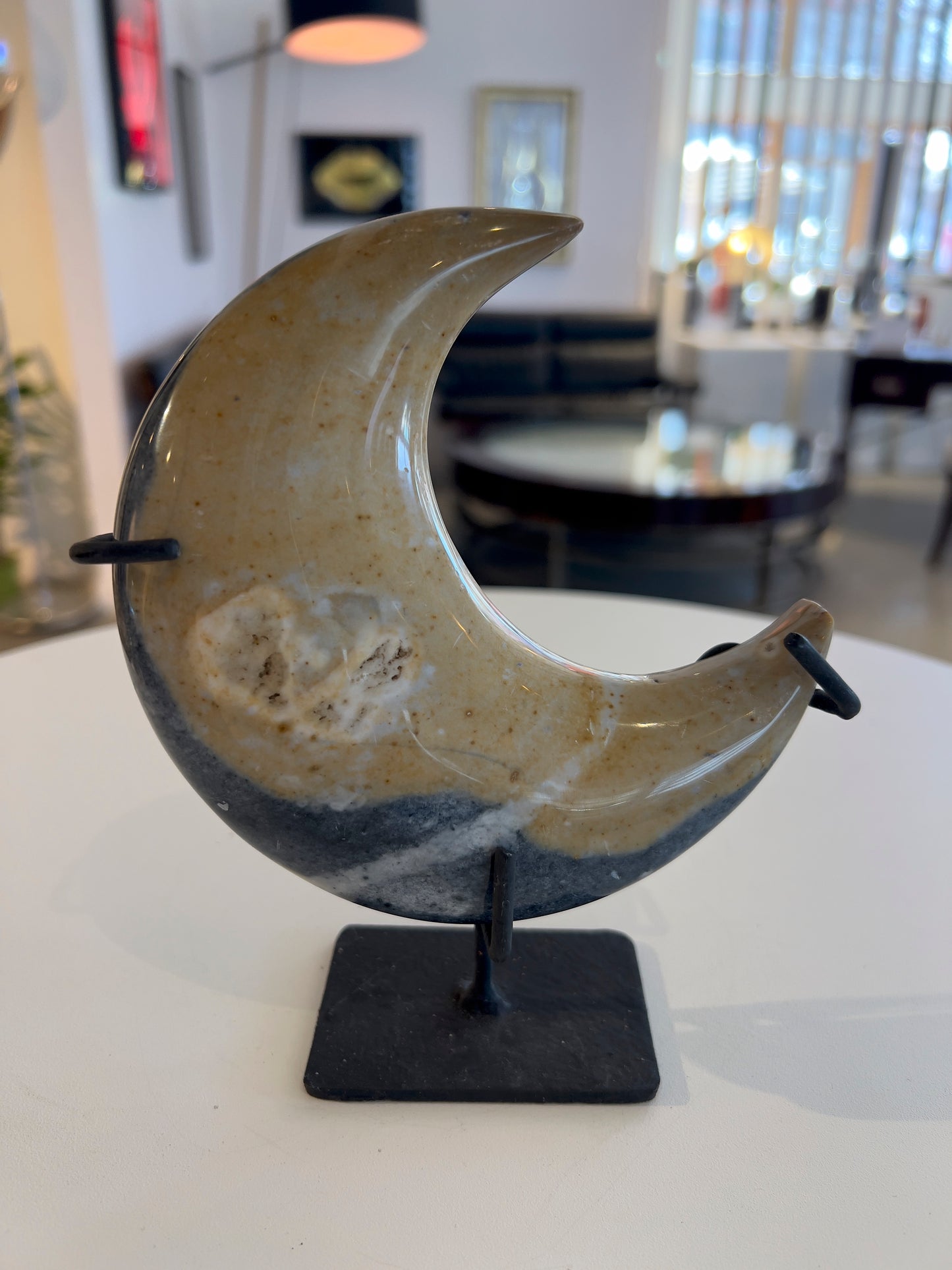 Ocean Jasper Crescent Moon on Stand – Polished Crystal Decor from Madagascar