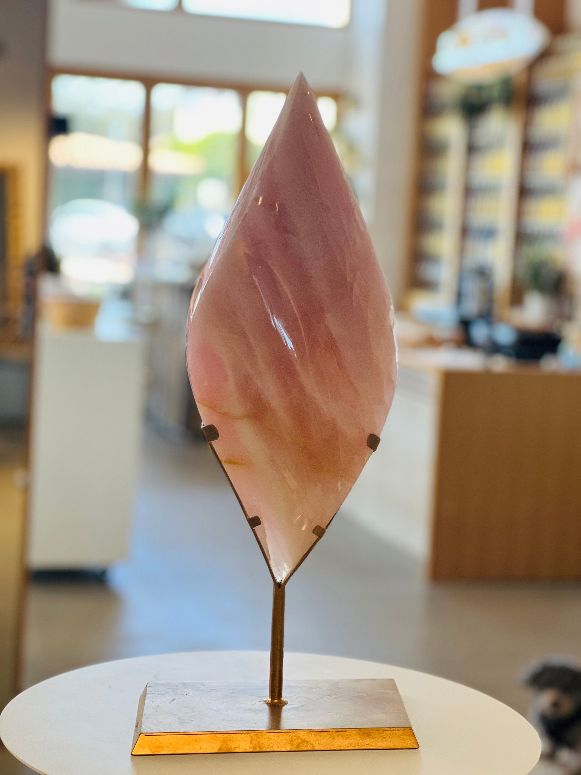 Sculptural Rose Quartz Flame on Stand Double Pointed Crystal Decor Statement