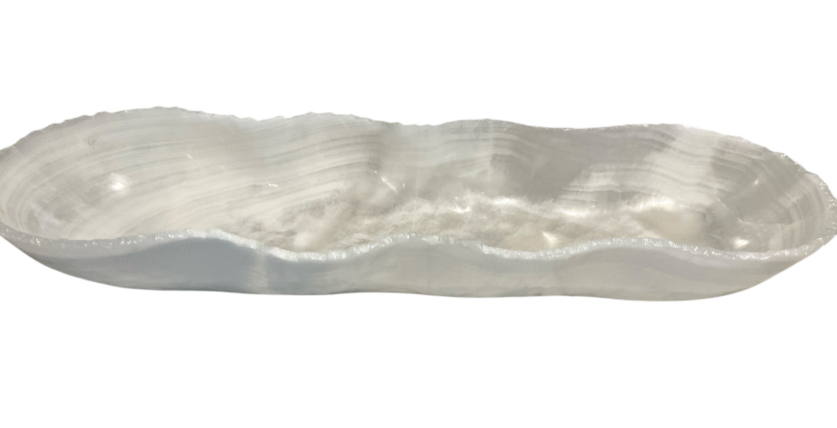 Oblong White Onyx Bowl Hand Carved Crystal Centerpiece from Mexico