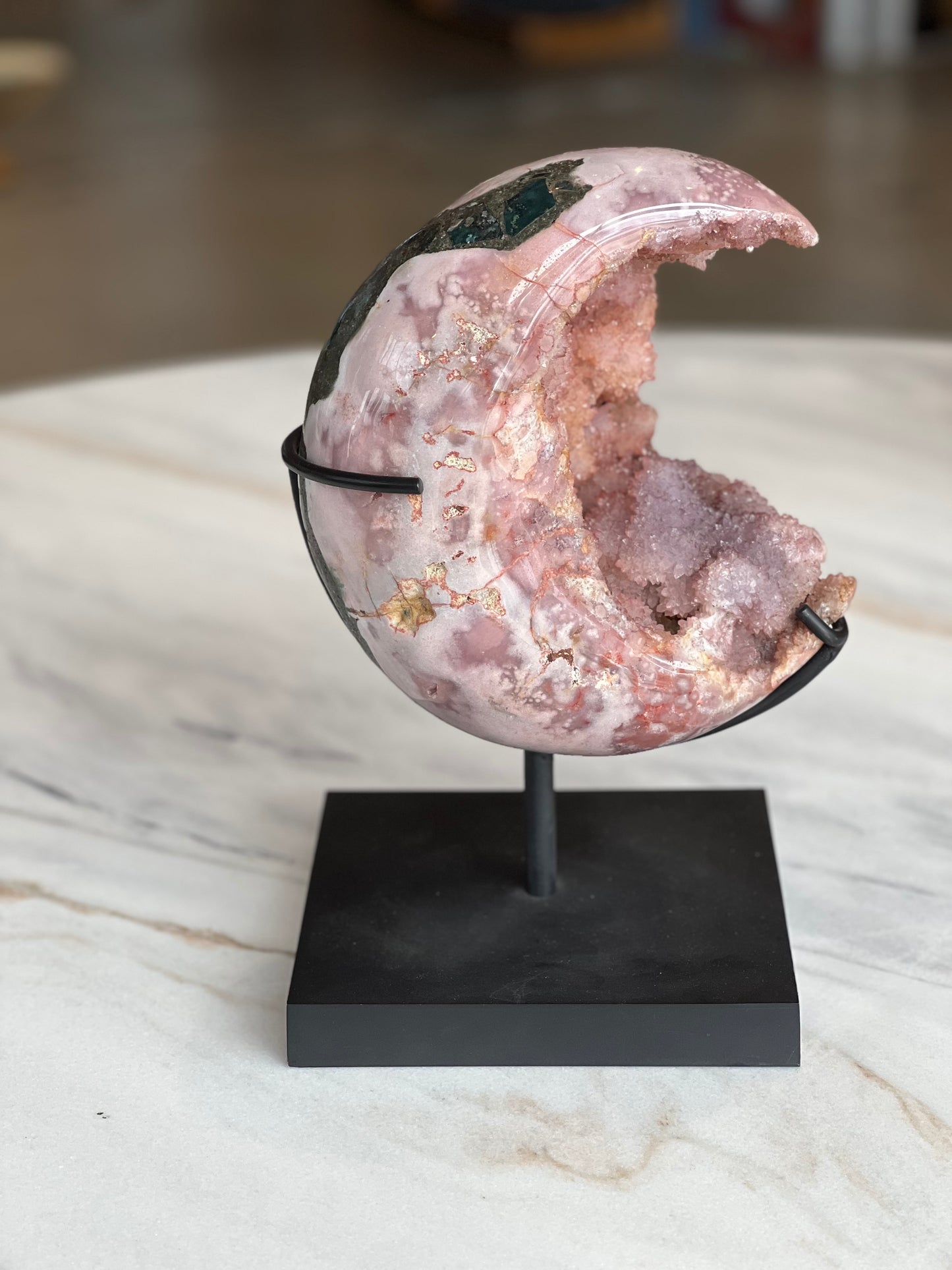 Pink Amethyst Moon on Stand – Sculptural Crystal Statement with Druzy Detail