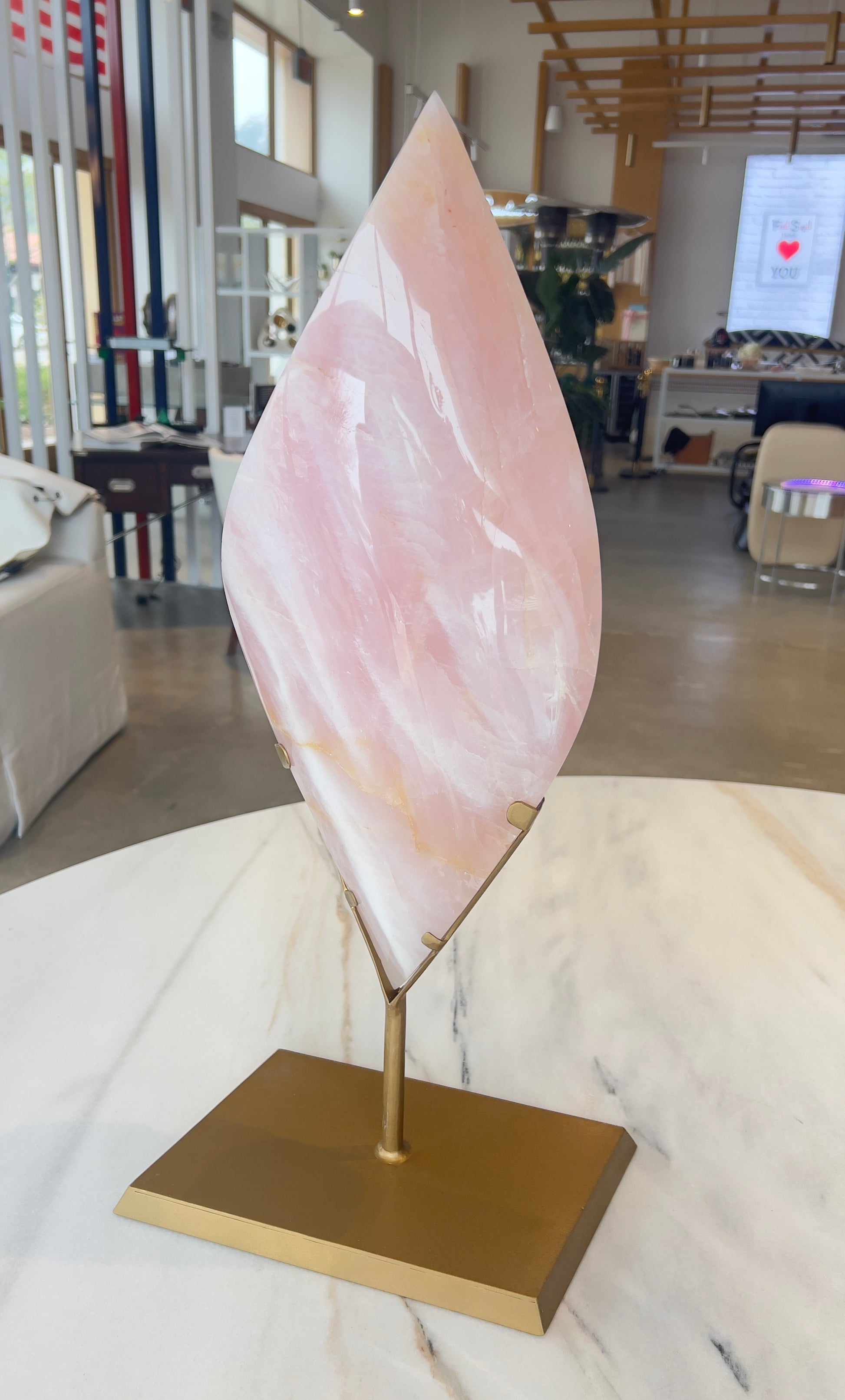 Sculptural Rose Quartz Flame on Stand Double Pointed Crystal Decor Statement