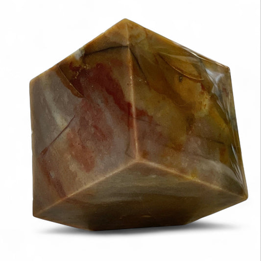 Polished Jasper cube, hand-carved natural stone sculpture in warm earthy tones for modern home or office decor.