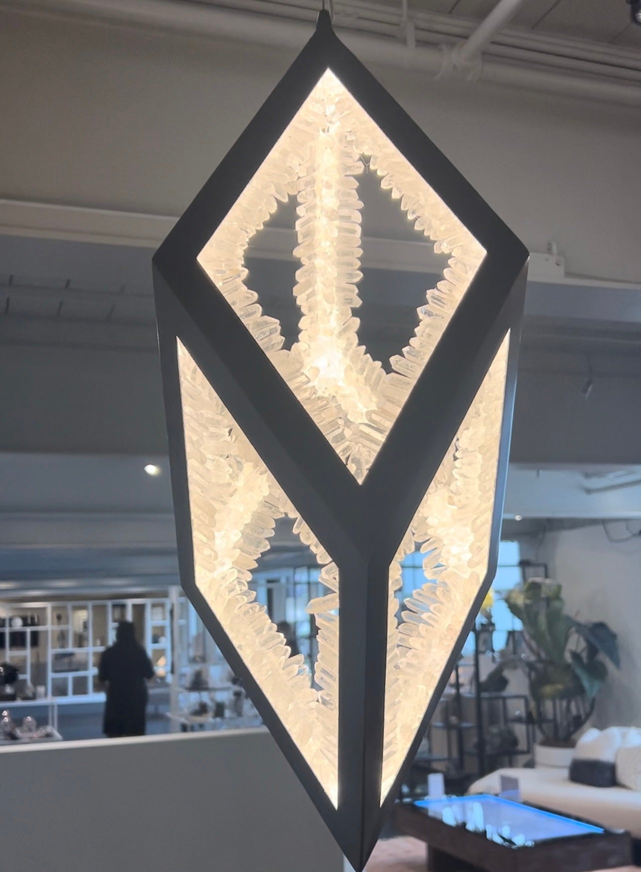 Artisan Clear Quartz Pendant Lamp Illuminated Crystal Sculpture in Iron Frame