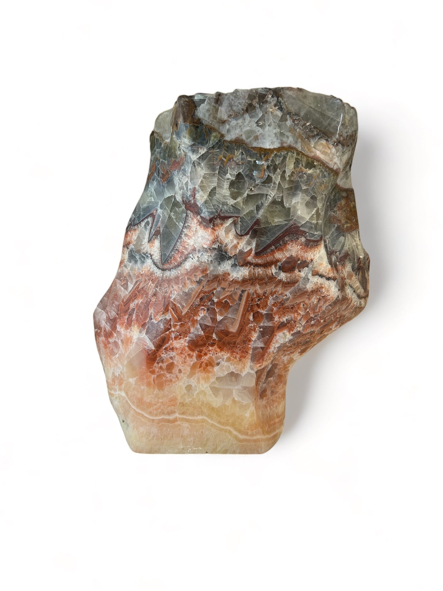 Tri-Color Banded Calcite Freeform – Raw Red, Orange & Yellow Crystal Sculpture