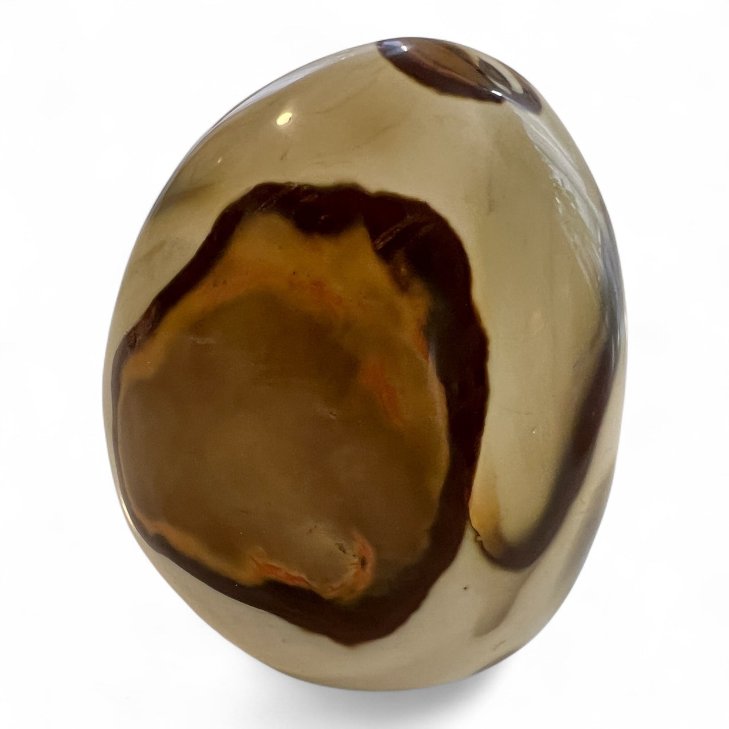 Polished stone with the look of modern art in natural earth tones, with prominent orange and brown circle outlined by dark brown on a white background