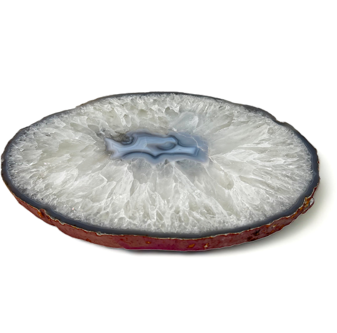 A round agate quartz slab with a smooth, polished surface and a visible blue center.