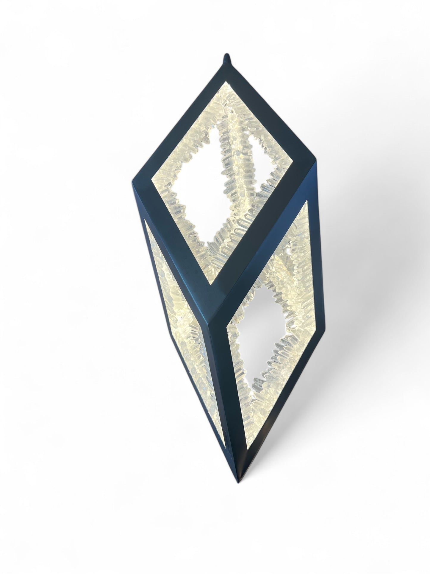 Artisan Clear Quartz Pendant Lamp Illuminated Crystal Sculpture in Iron Frame