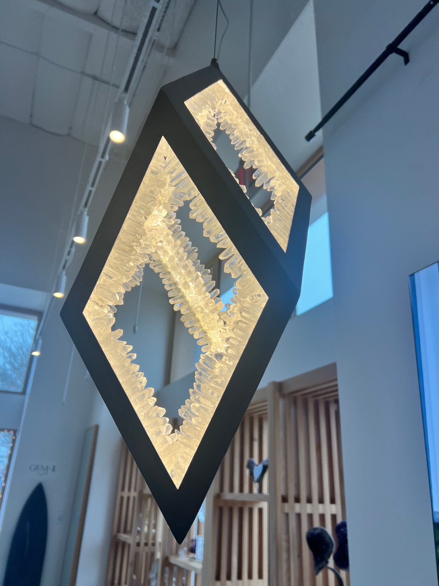 Artisan Clear Quartz Pendant Lamp Illuminated Crystal Sculpture in Iron Frame