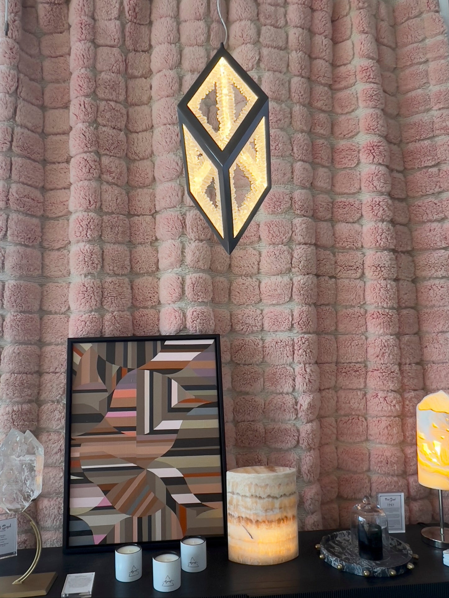 Artisan Clear Quartz Pendant Lamp Illuminated Crystal Sculpture in Iron Frame