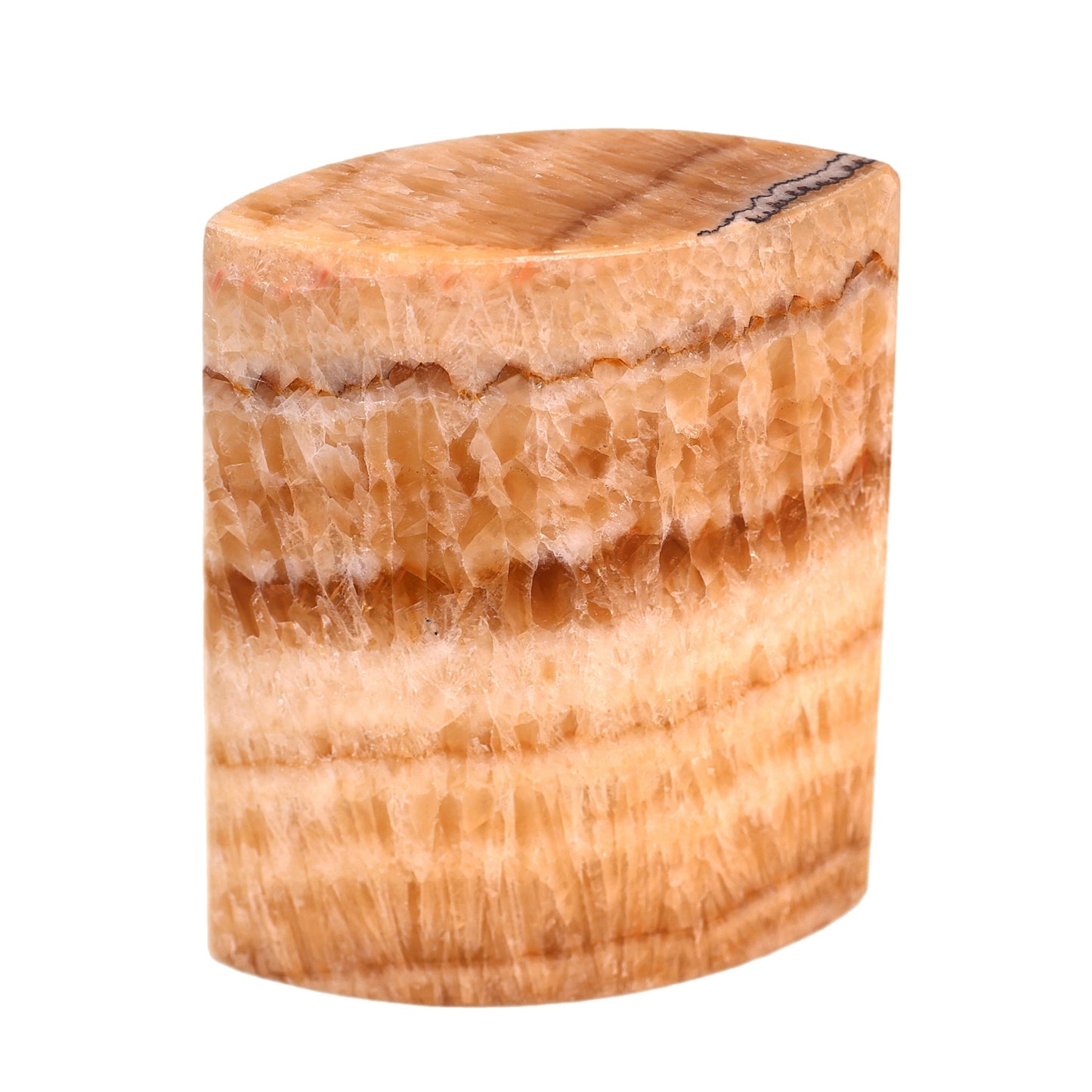 Polished elliptical banded onyx lamp in golden and brown earth tones.