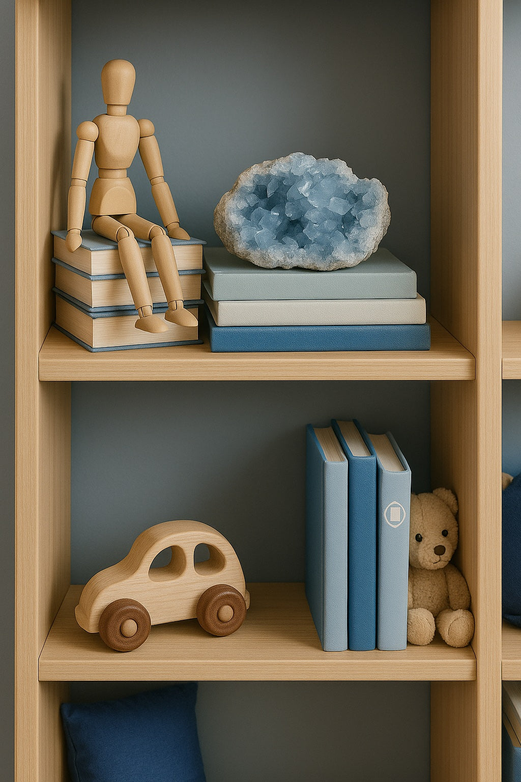 celestite on boys book shelf