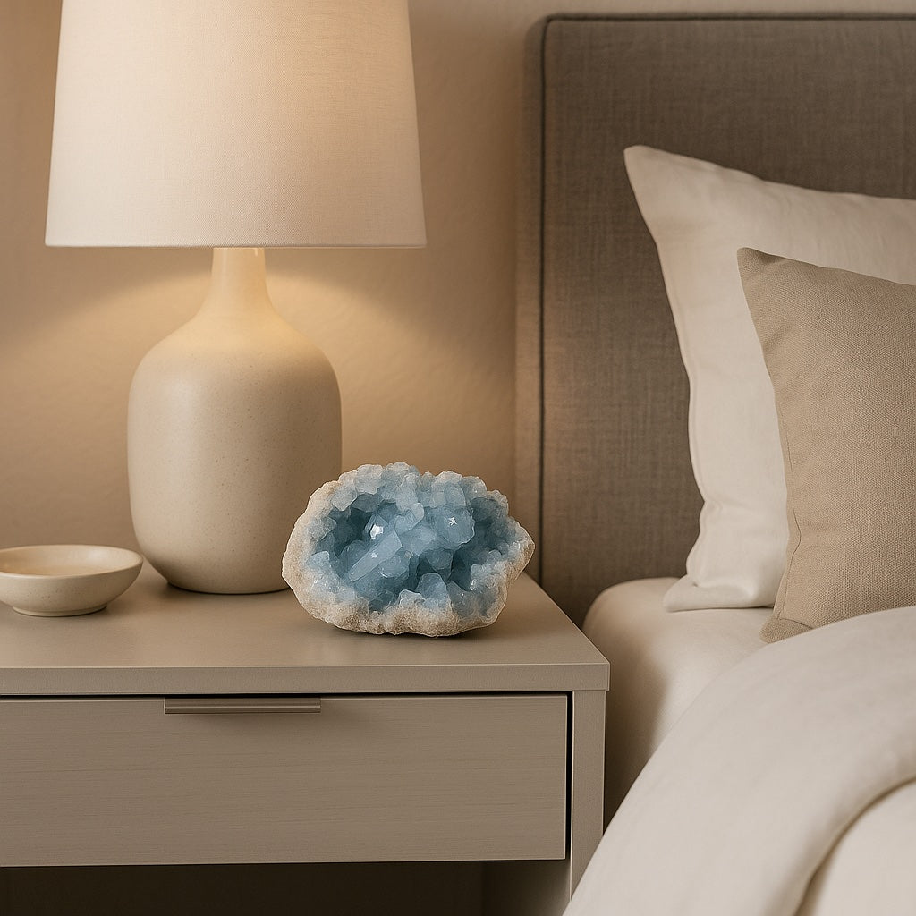 celestite on bed table