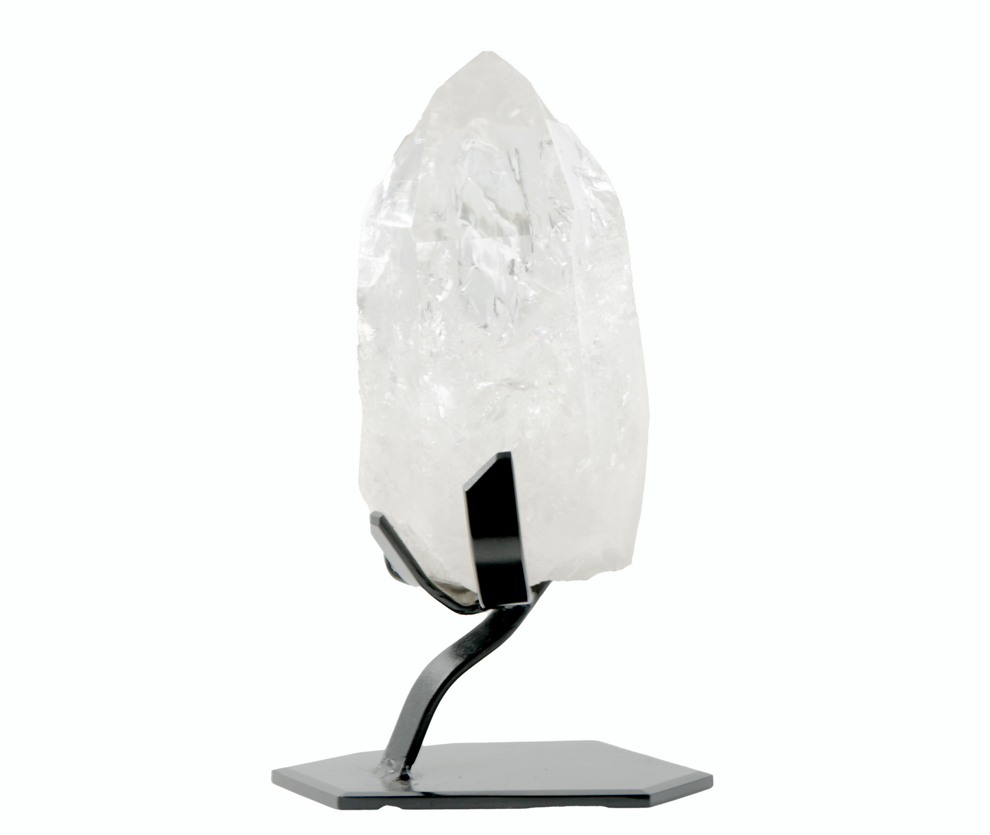 A large, clear Lemurian Quartz crystal mounted on a metal stand.