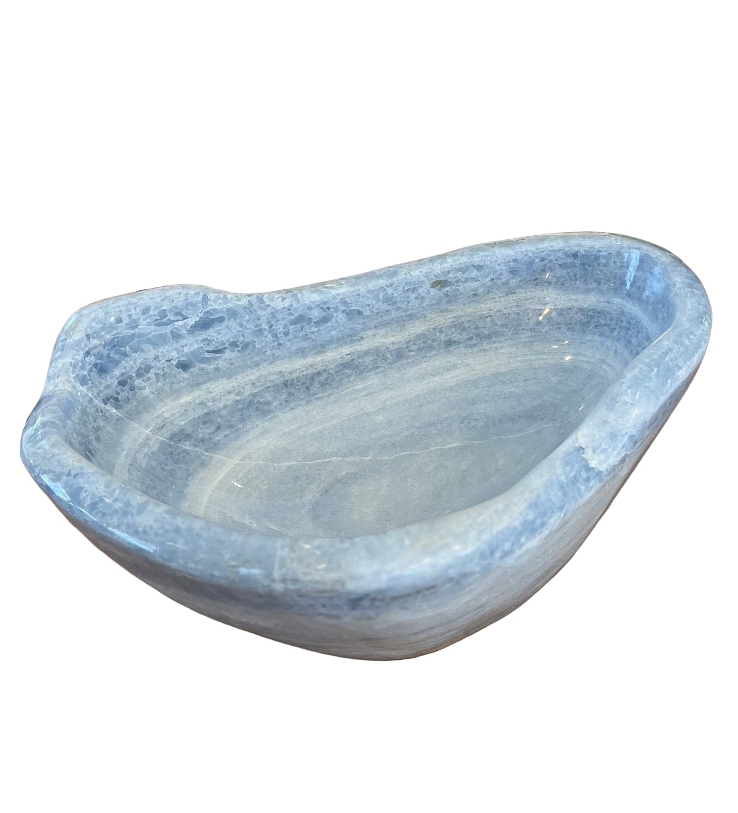 Blue and white marbled bowl on a white background