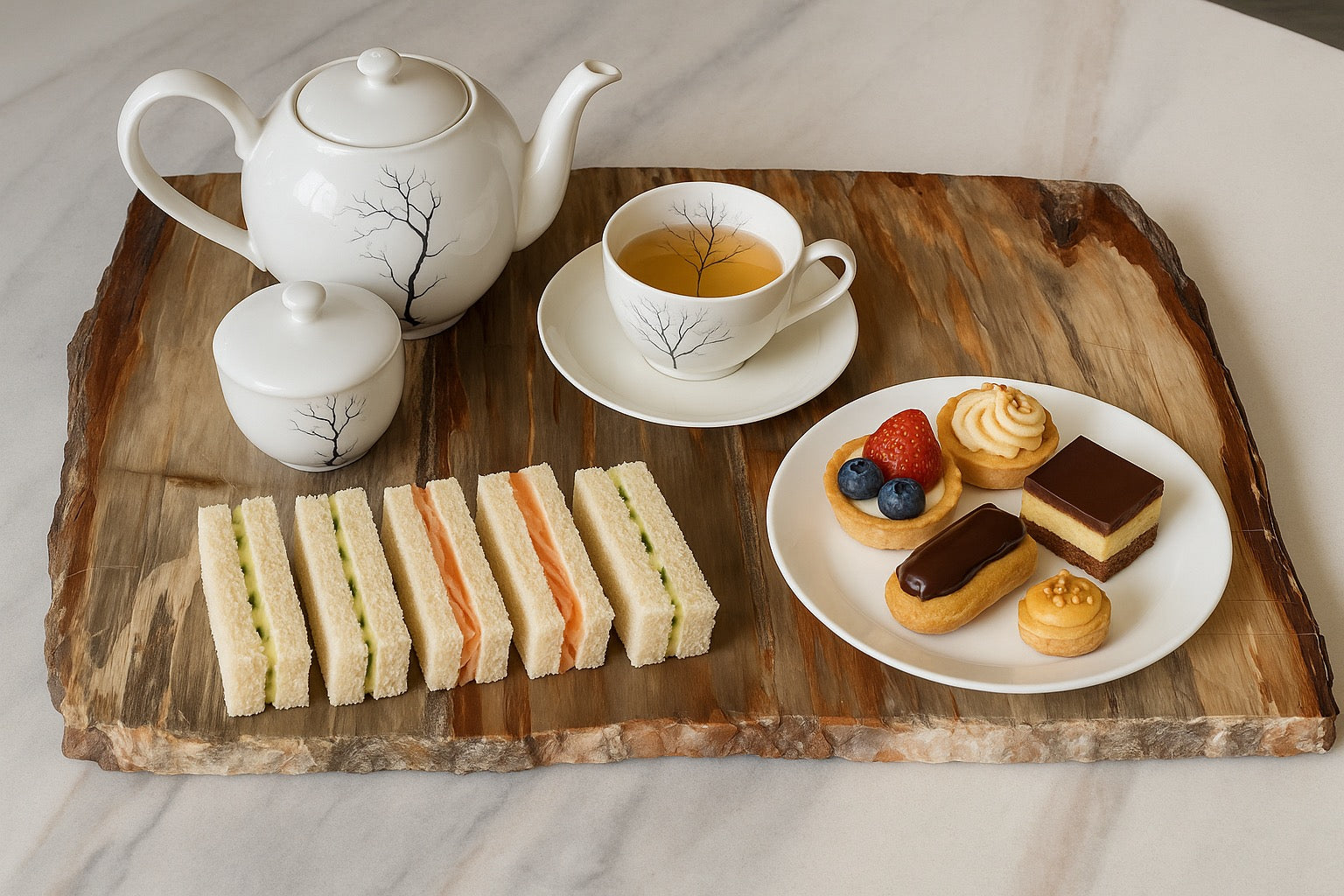 XL square petrified wood platter with raw edge detailing, showcasing natural grain in warm earth tones. Styled with a white ceramic tea set and high tea finger sandwiches and pastries atop marble.