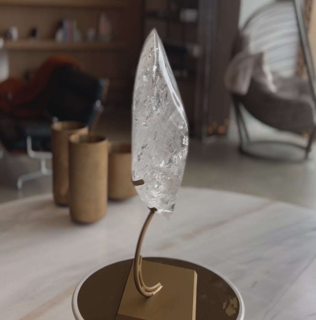 Statement Clear Quartz Flame on Brass Stand Crystal Sculpture for Modern Interiors