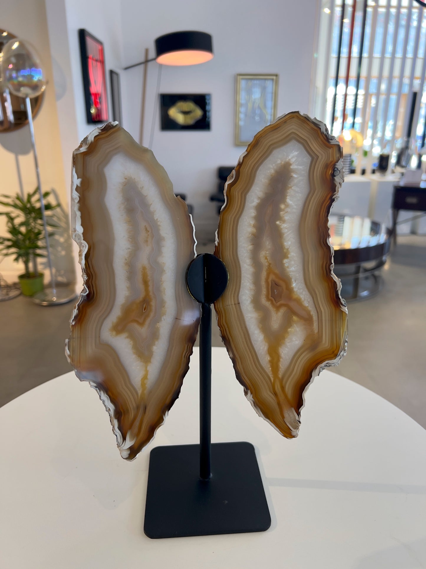 golden quartz and agate wings on black stand in living space