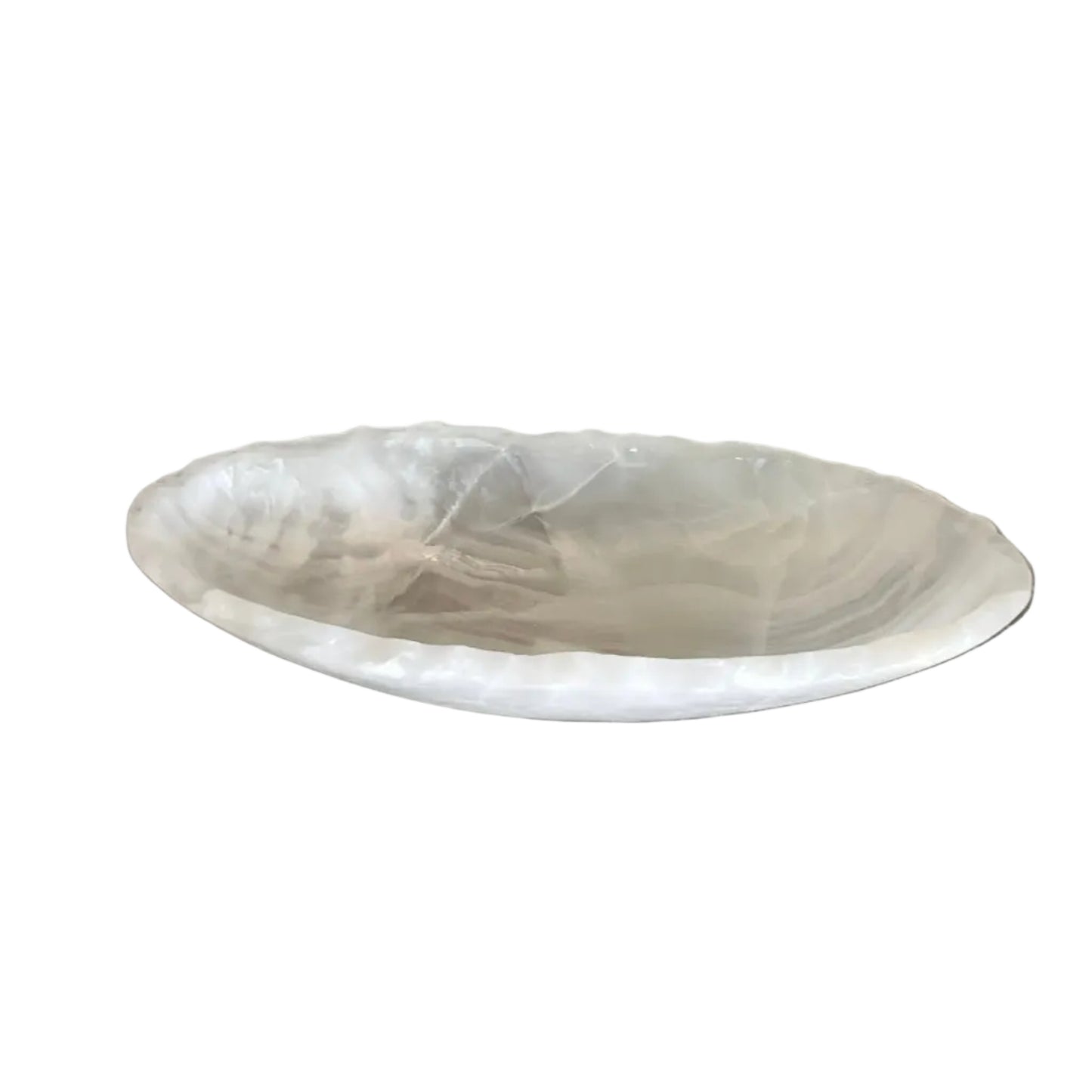White decorative bowl on a wooden surface with a green plant in the background