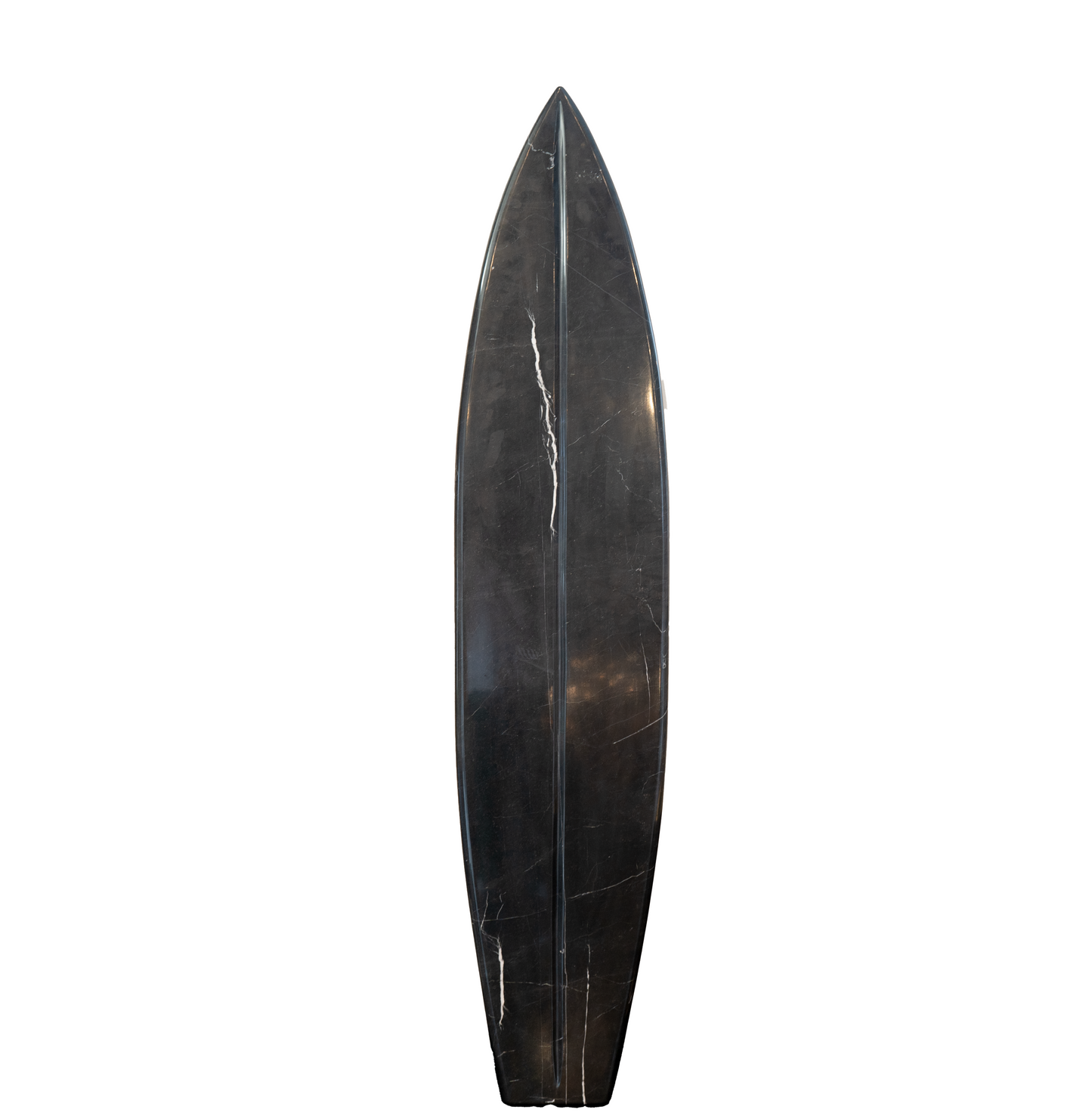 A 6-foot tall hand-carved surfboard made of black onyx stone on white background.