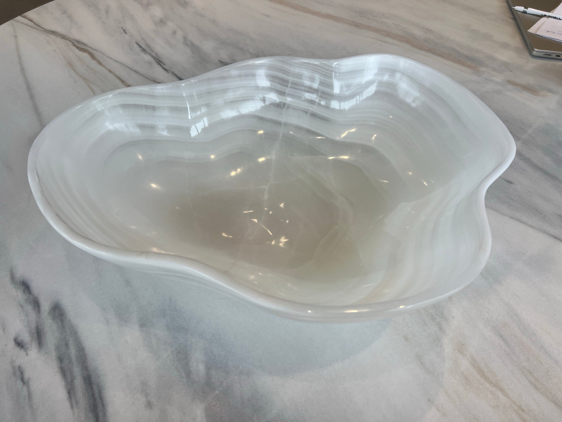 Hand-Carved White Onyx Bowl Serene Crystal Accent from Mexico 19"