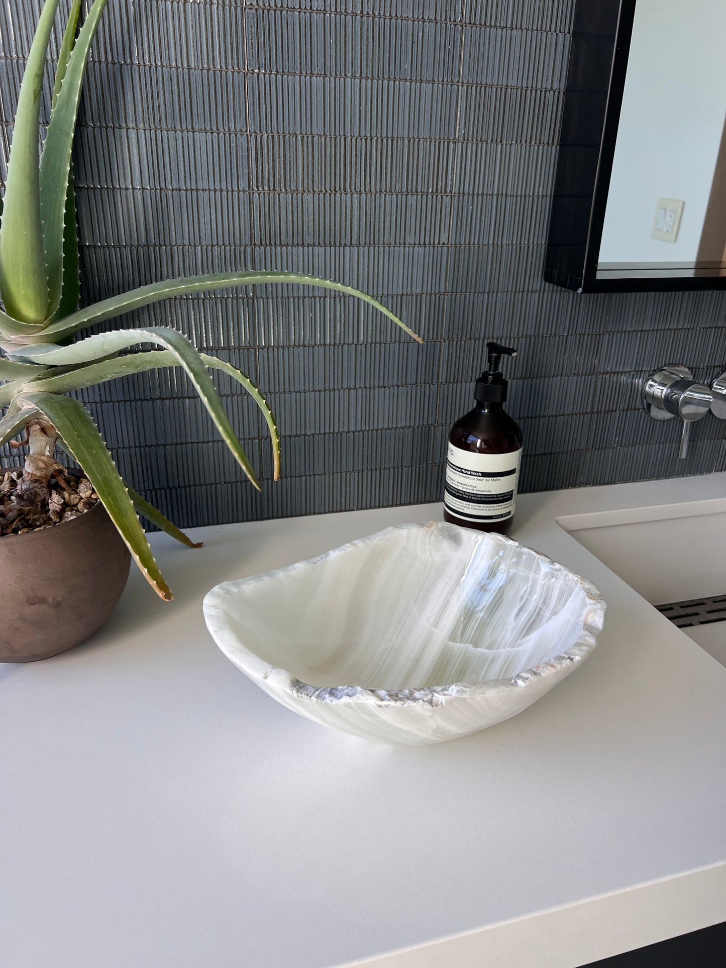 Green & White Onyx Hand-Carved Bowl