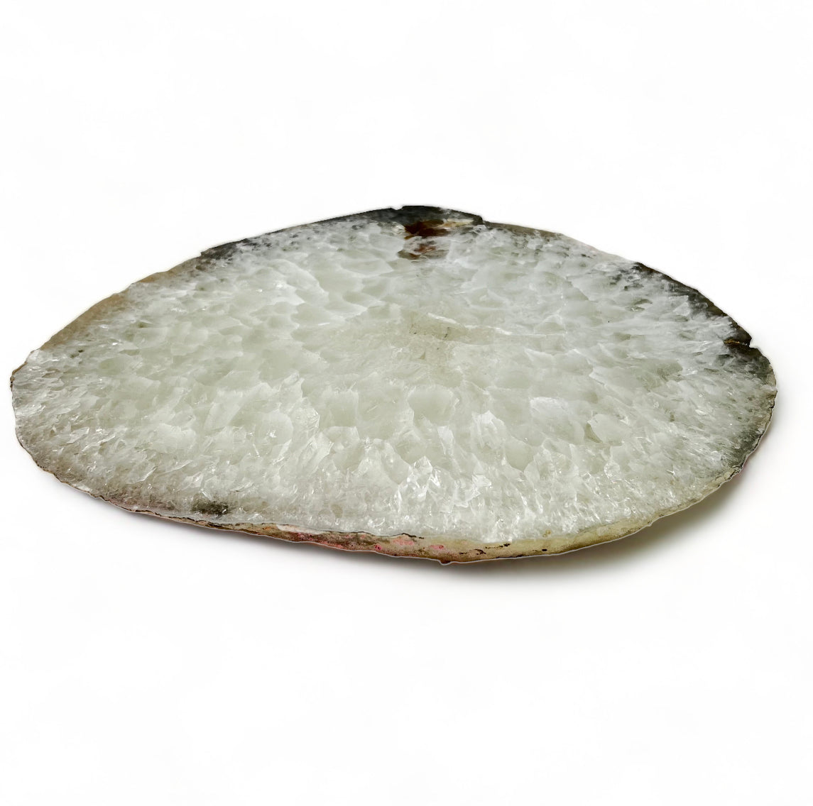 A round agate quartz slab with a white and gray marbled pattern, with a smooth surface.