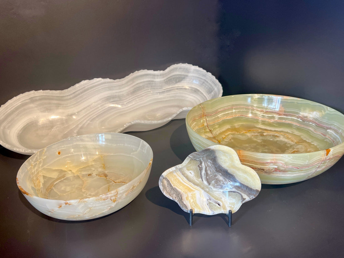 Centerpiece and decorative banded Mexican Onyx Bowls to raise your dinner party game. They enhance and elevate your home decor.