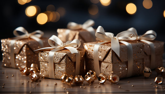 holiday gift boxes with gold paper and ribbon