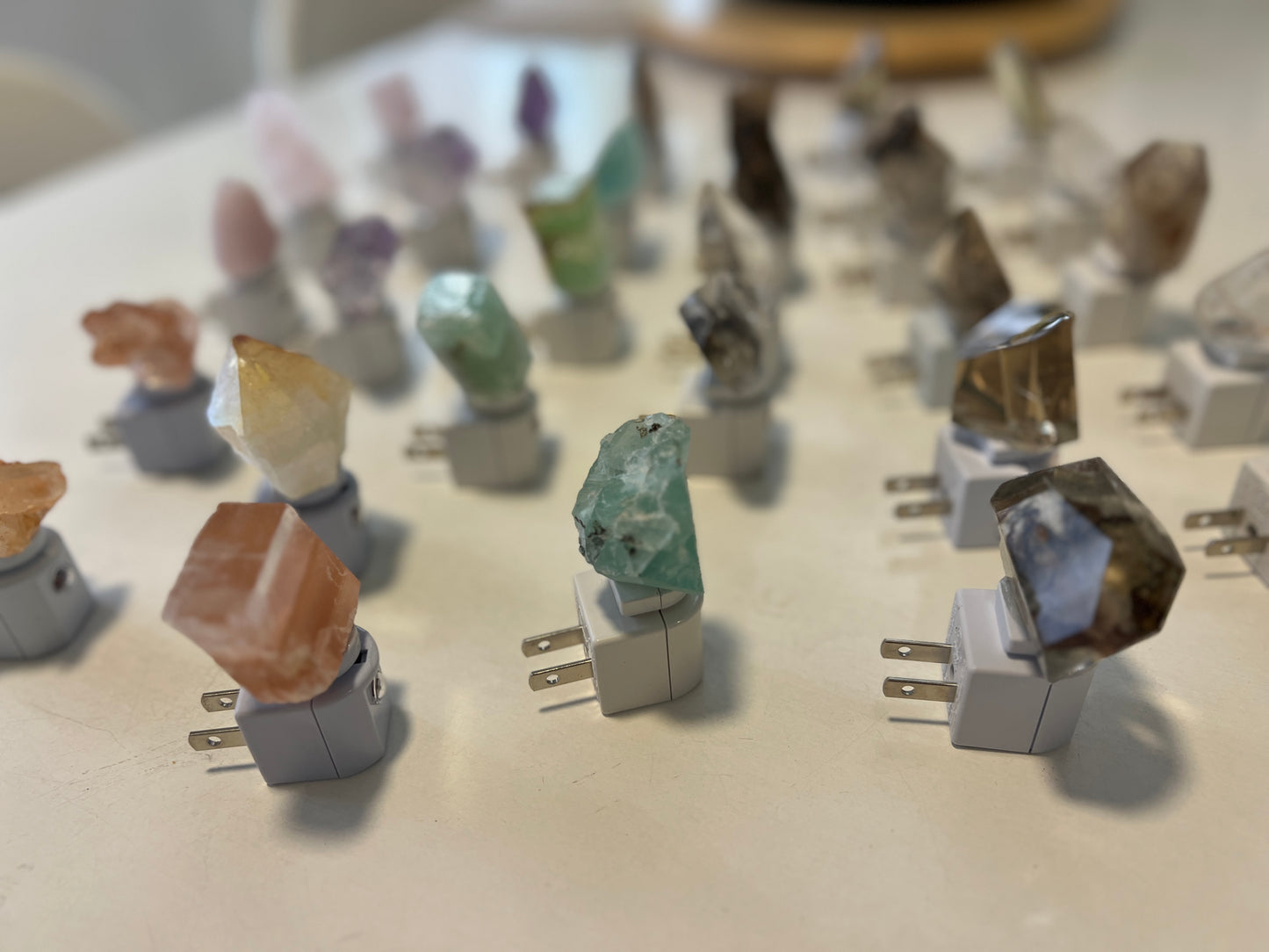 crystal night lights on a light surface