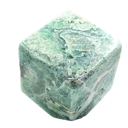 A large cubed Fluorite specimen with a greenish color and patterned texture.