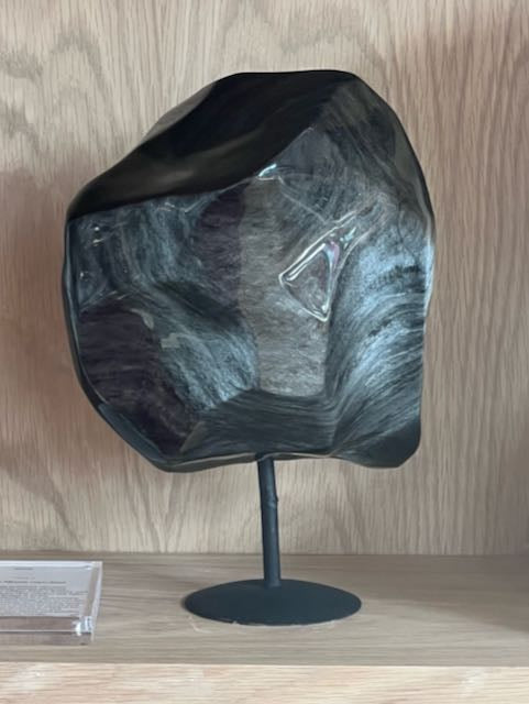 Silver Sheen Obsidian on Stand – Sculptural Black Crystal Decor