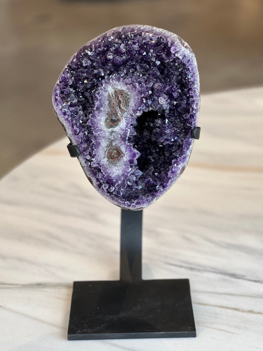 Uruguayan Amethyst with Stalactite Eyes – Sculptural Crystal for Elegant Interiors