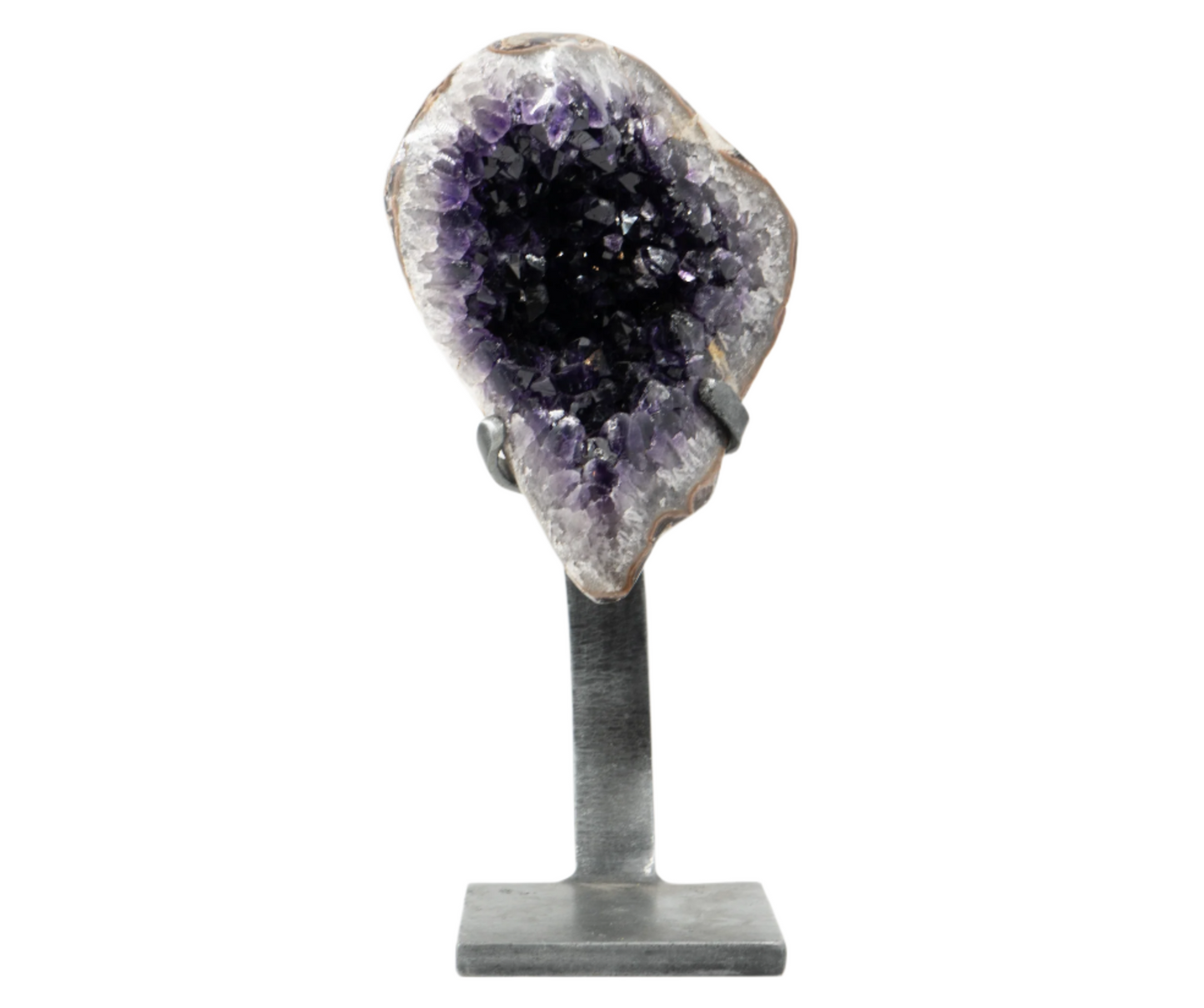 A polished Amethyst crystal displayed on a metal stand.