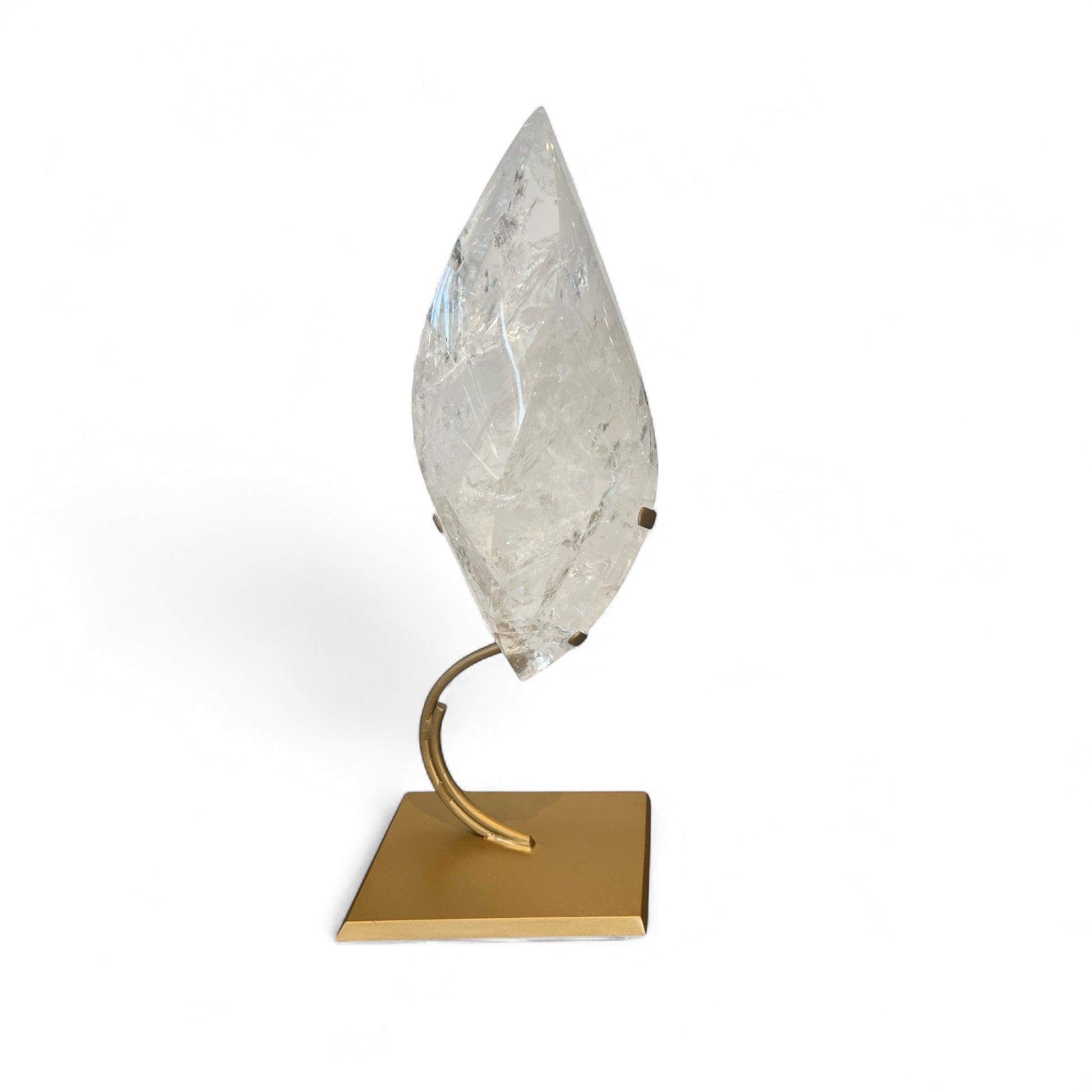 Statement Clear Quartz Flame on Brass Stand Crystal Sculpture for Modern Interiors