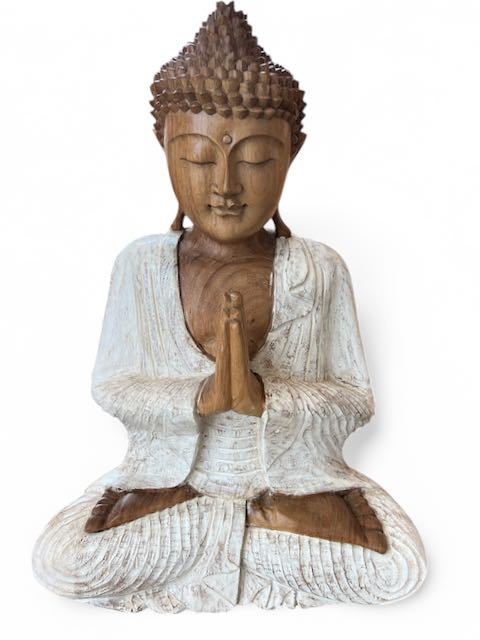 Whitewashed Buddha Statue in Monkeypod Wood Hand-Carved Spiritual Decor