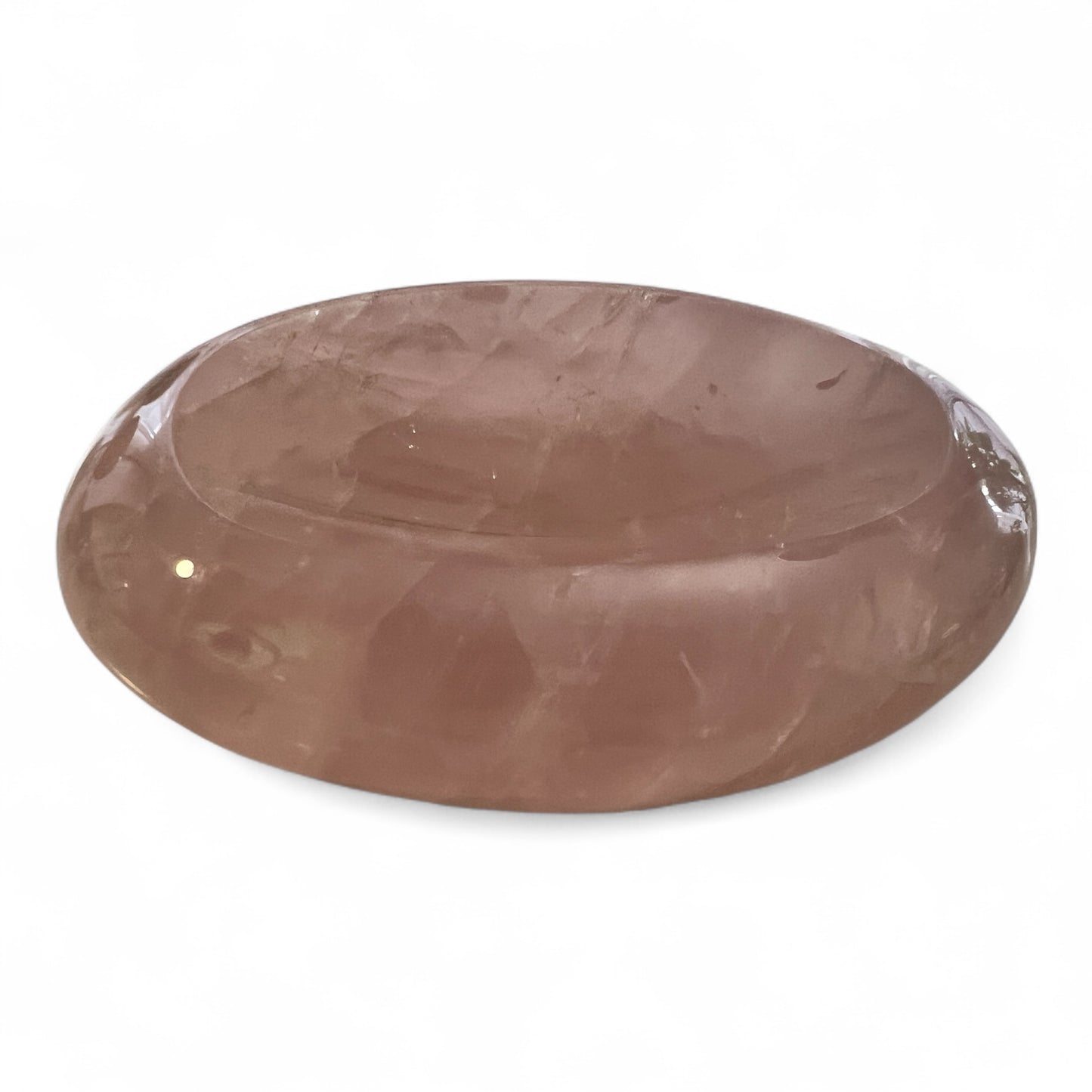 Pink Quartz shallow oval bowl on a white background