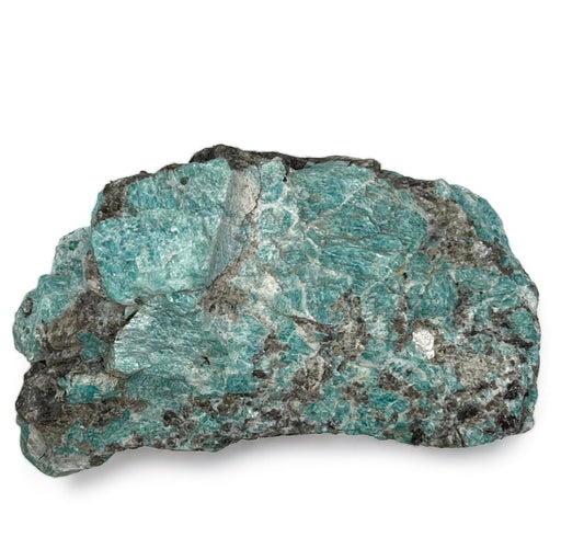 turquoise colored slice of amazonite boulder on white background