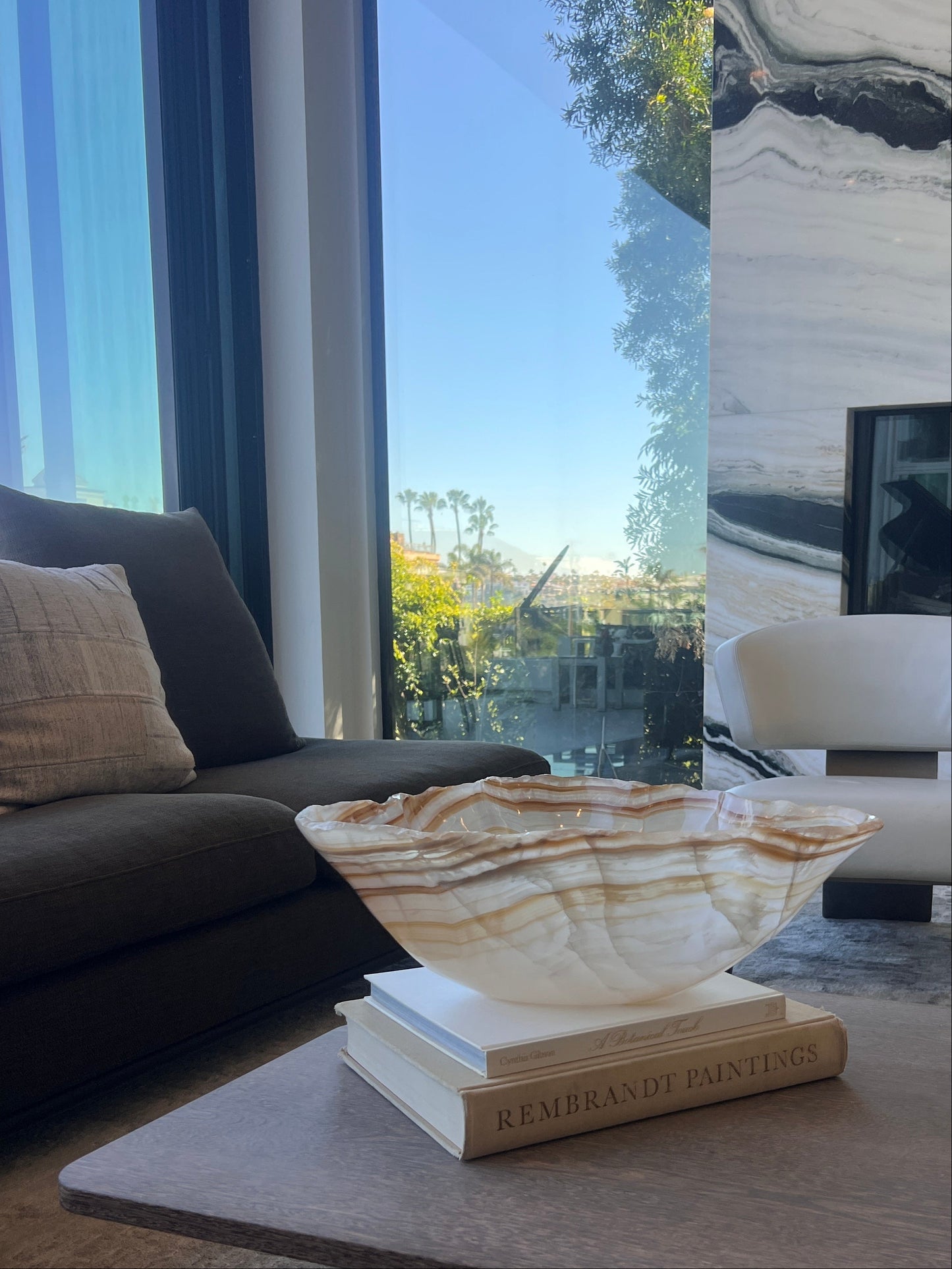 Modern living room with a decorative bowl on a coffee table