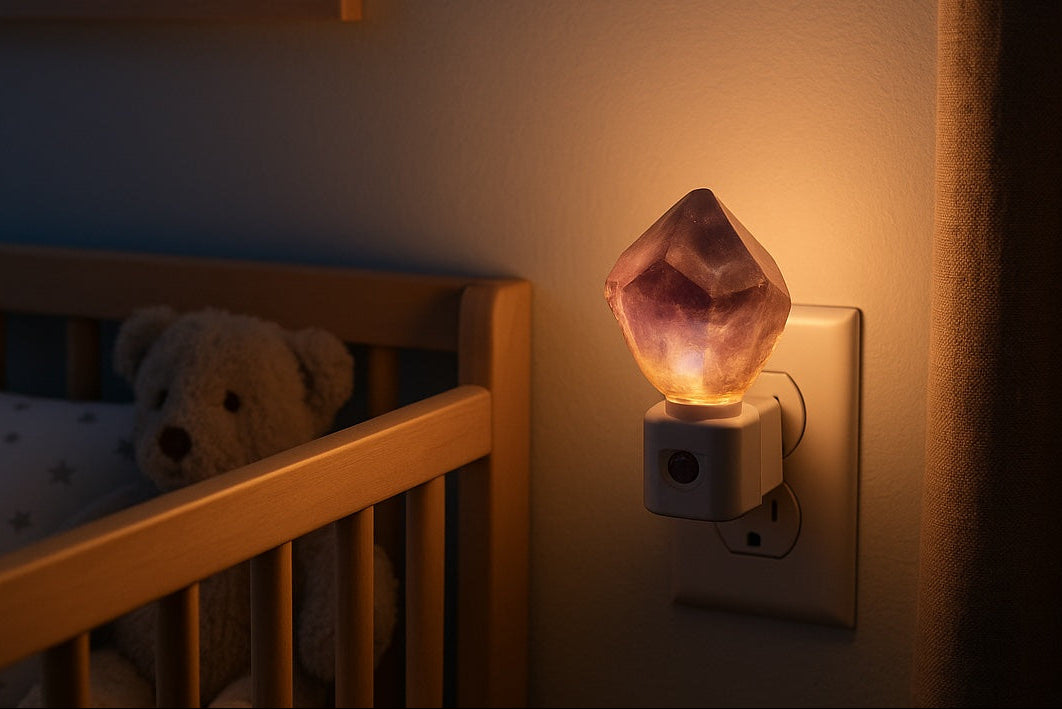 Amethyst crystal night light on a wall next to a crib with a teddy bear inside.