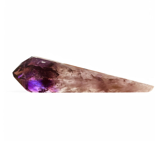 Polished chevron amethyst wand with violet and quartz patterns, elongated crystal sculpture for modern home décor.