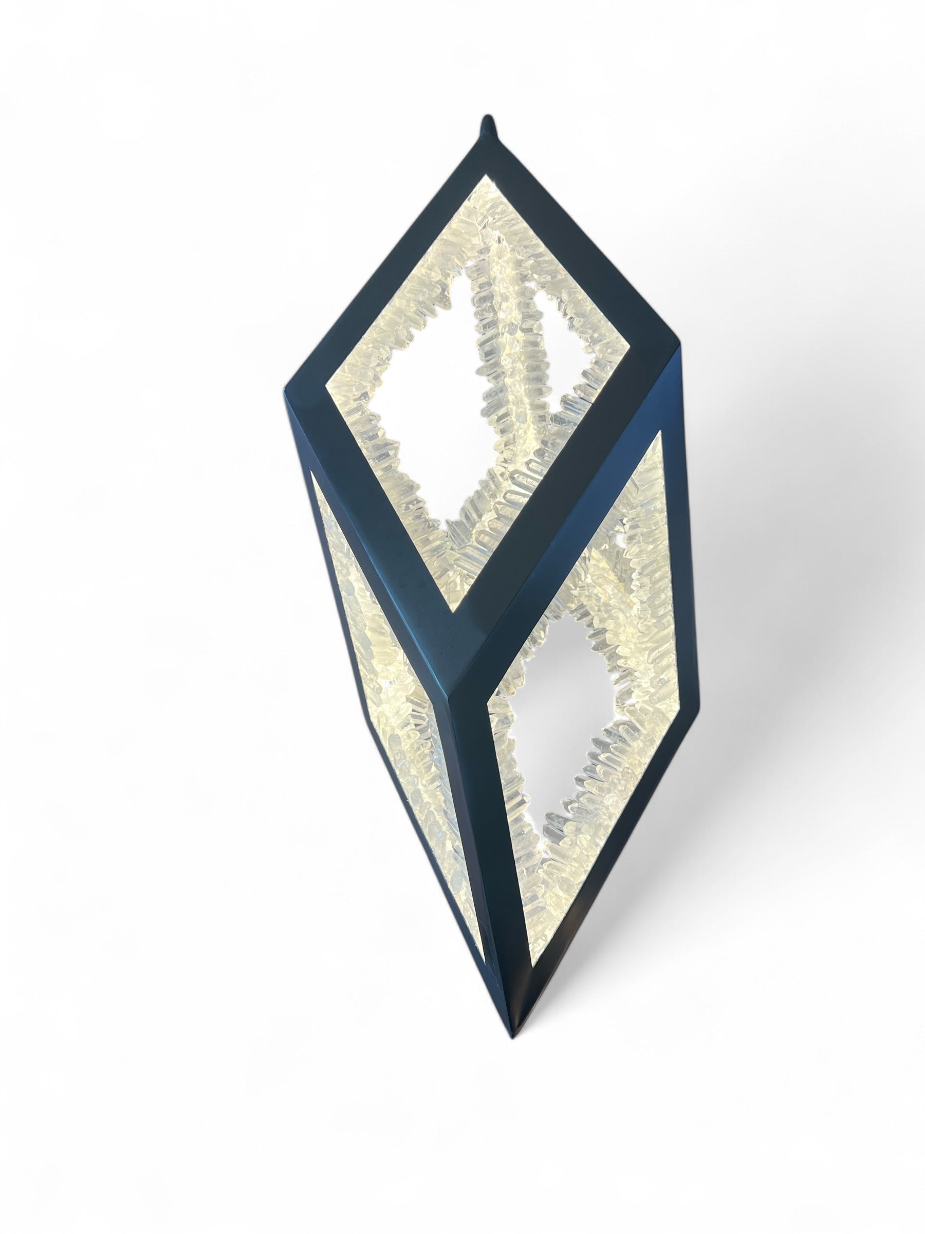 Artisan Clear Quartz Pendant Lamp Illuminated Crystal Sculpture in Iron Frame