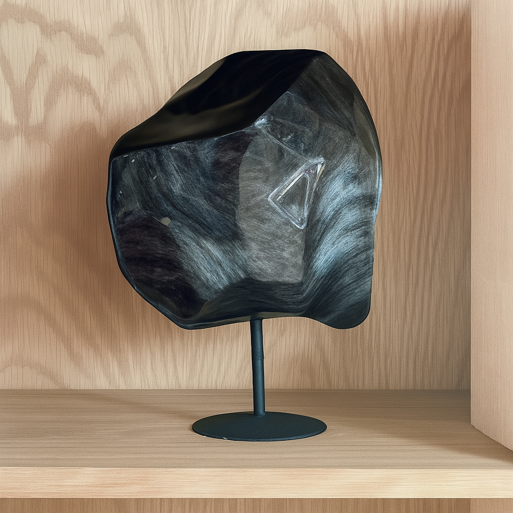 A large polished obsidian stone on a stand, with a silver sheen appearance.