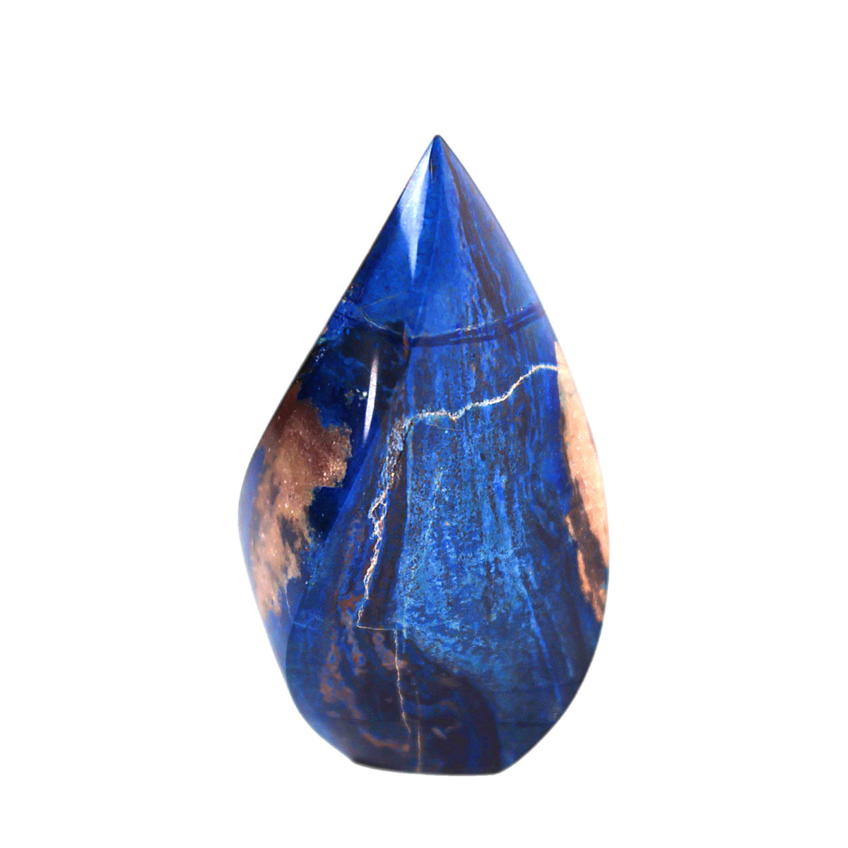 A teardrop-shaped blue Trolleite crystal with natural mineral inclusions.