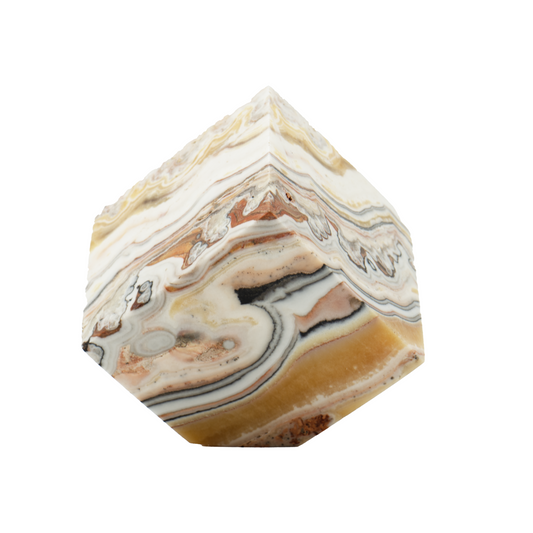 A polished calcite crystal with banded patterns predominantly in white and beige tones, with hints of brown and black.