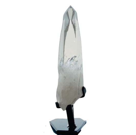 A Lemurian Quartz crystal mounted on a stand, displaying a clear pointy end and milky body with black accents.